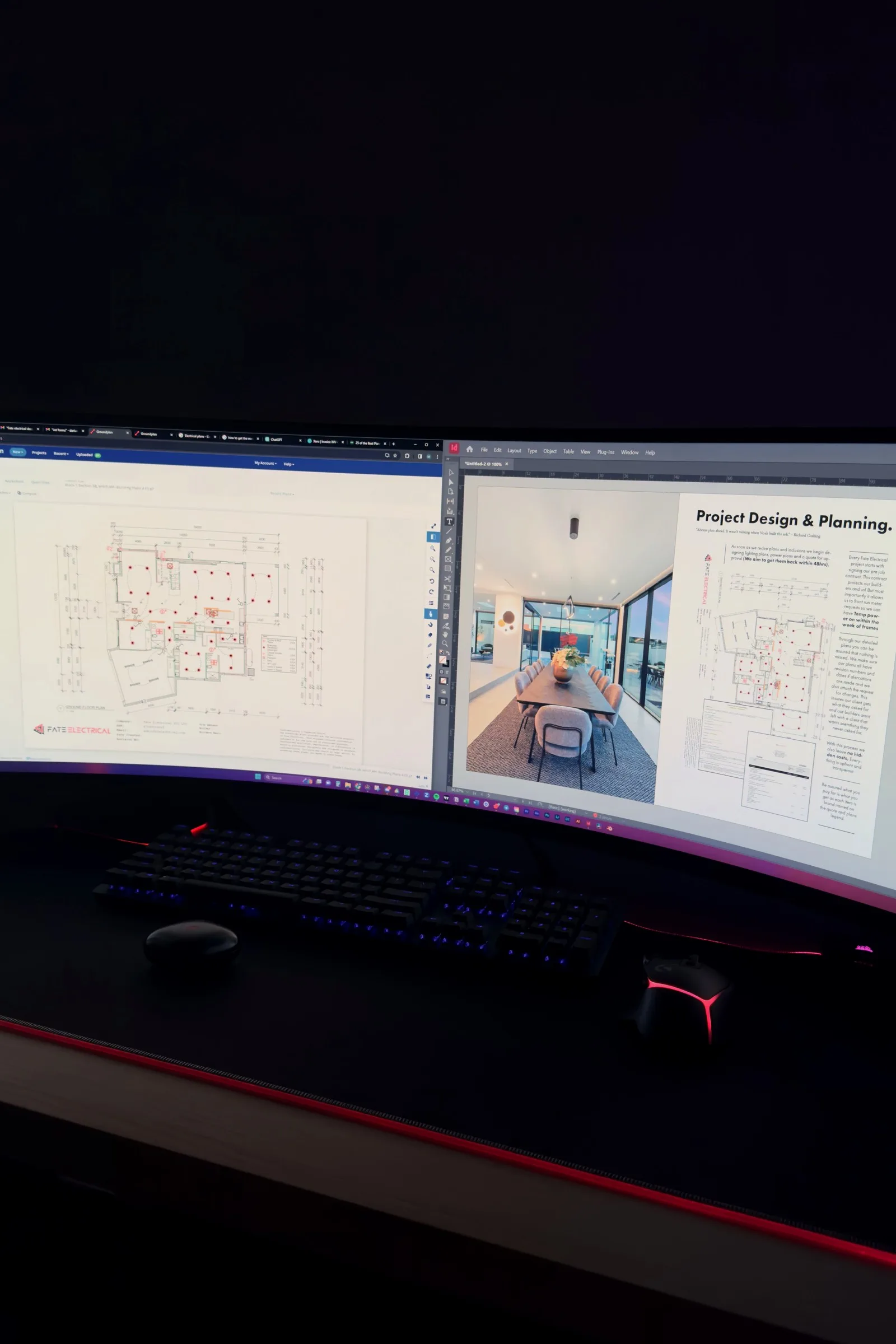 FATE lighting plan and 3D render workflow on a designer's desk
