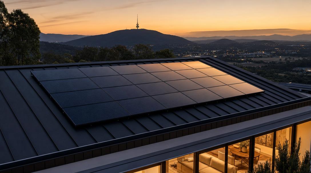 Symmetrical solar array on a residential roof at dusk